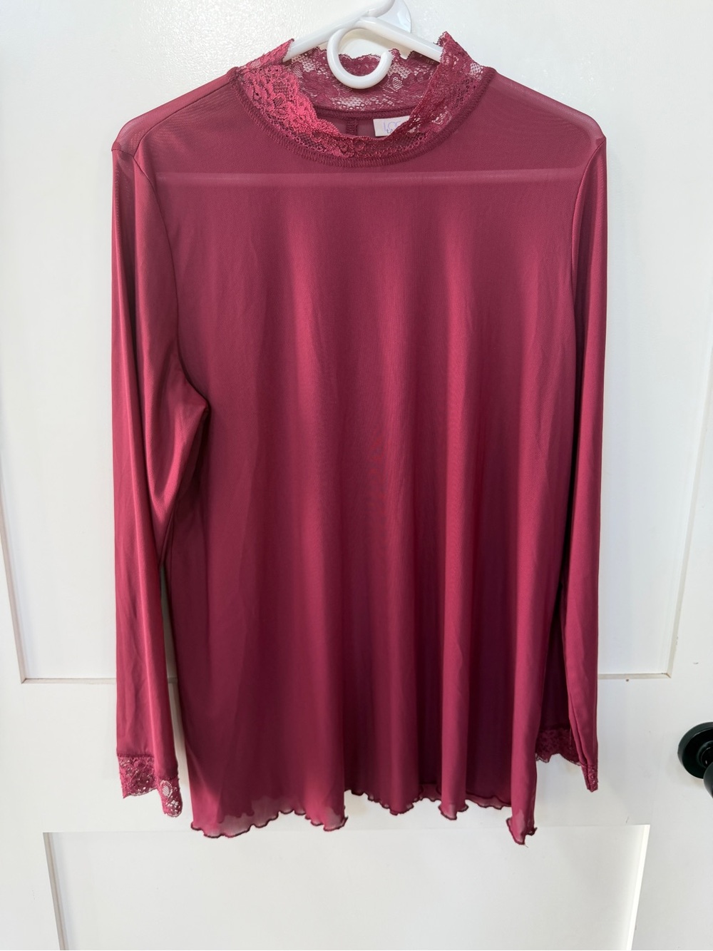 LOGO Layers Women's Lace Trim Long Sleeve Top - Burgundy L